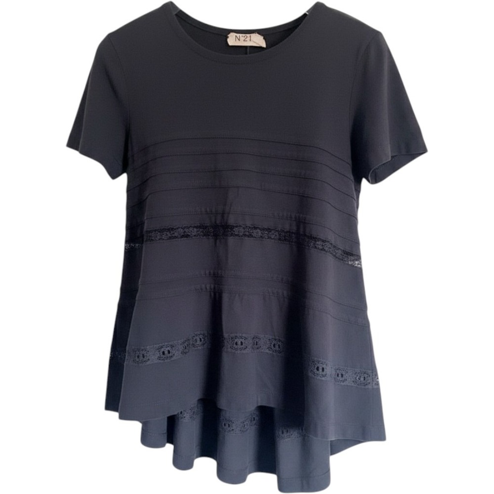 No. 21 Numero Ventuno Black Lace Inset Pintuck Peplum Top IT 40